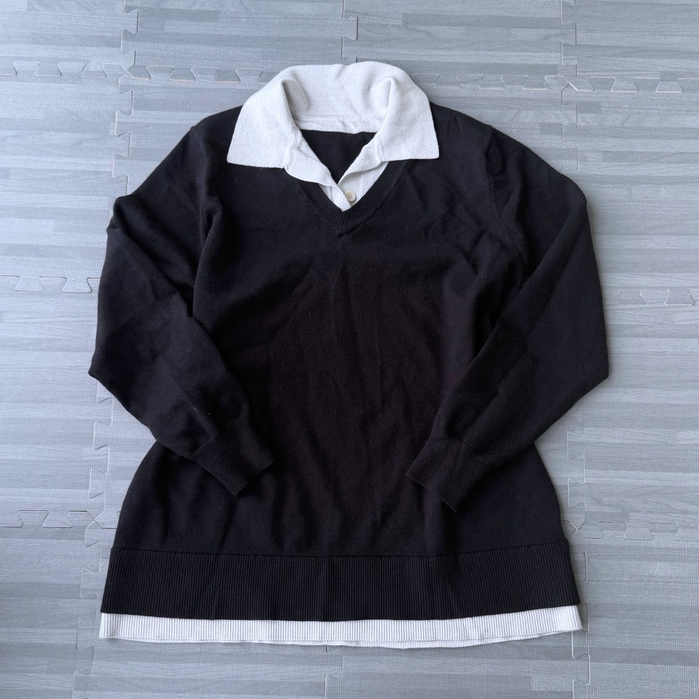 Womens Pullover Sweater XL Black White Layered Look Faux Collar Trim V-Neck